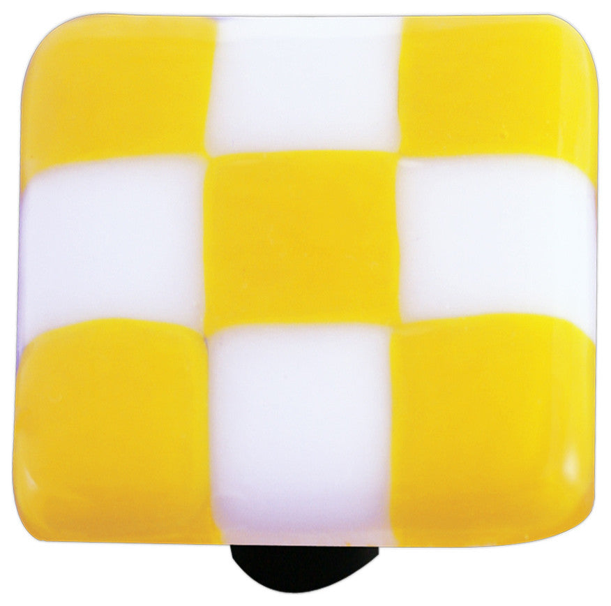 Art Glass Checked Knob, Black Post, Sunflower Yellow White Squares