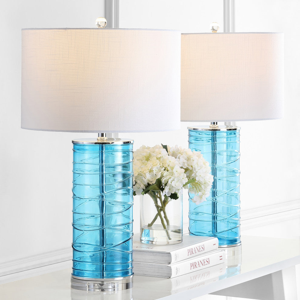 Cole 27.5" Fused Glass Cylinder LED Table Lamp, Set of 2, Turquoise