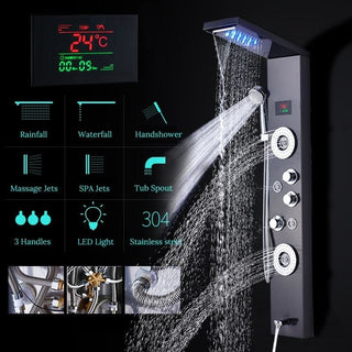 Stainless Steel LED Shower Panel With Massage Jets Waterfall Rainfall