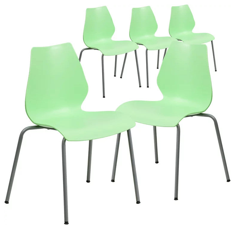 5 Pack Stackable Chair, Multipurpose Design, Plastic Seat & Curved Back, Green