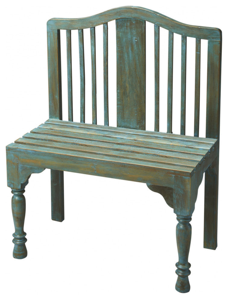 Antiqued Blue Solid Wood Bench