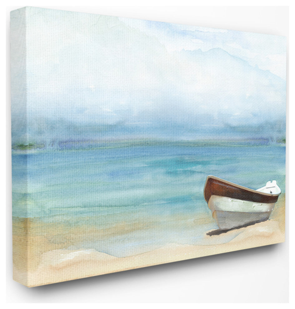 Lake Boat Landscape Blue Green Watercolor Painting, 30"x40", Canvas Art