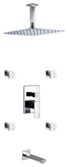 Aqua Piazza Set, 12" Ceiling Square Rain Shower, Tub Filler, 4 Body Jets, Chrome