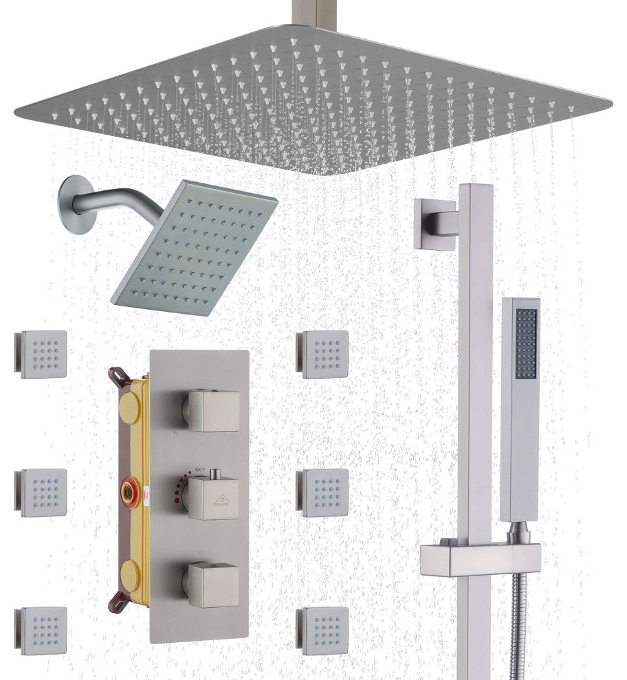 16inch Deluxe Showerhead Dual Shower Head System With Slide Bar and 6 Body Jets, Brushed Nickel