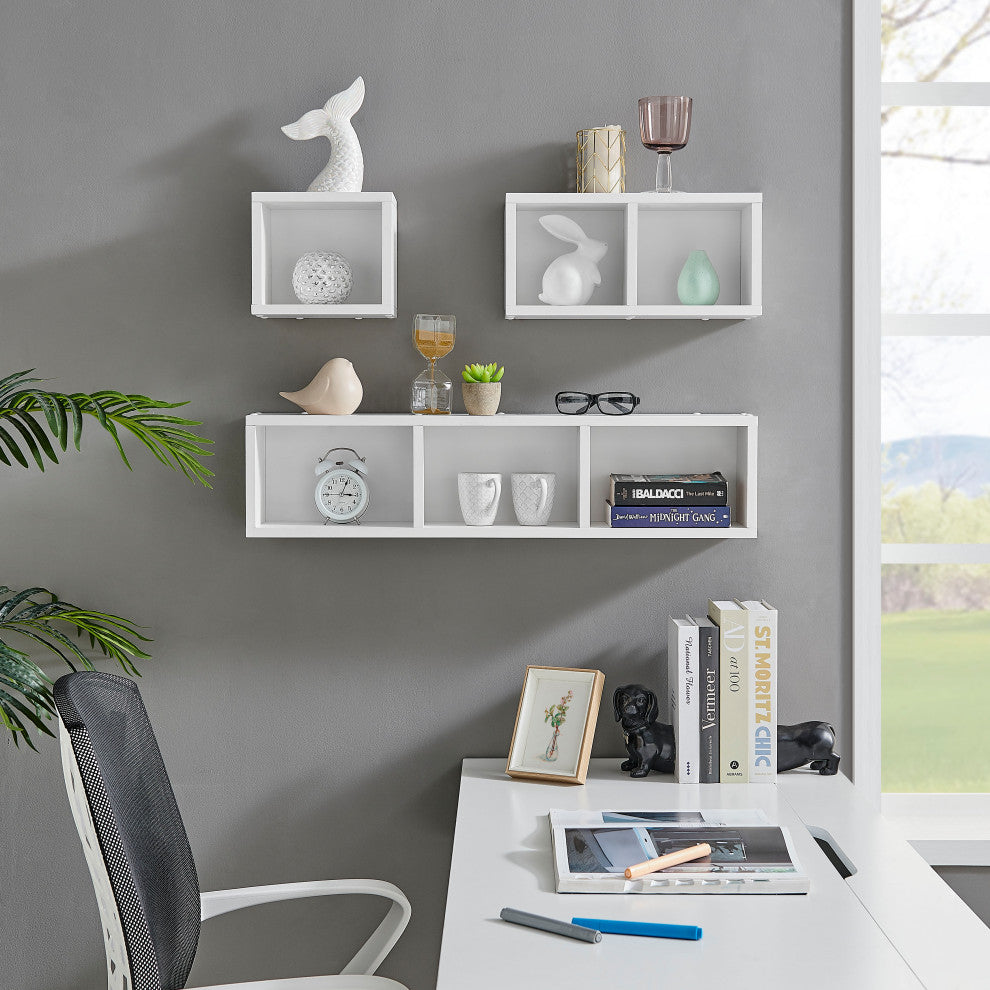 Danya B. Bauhaus Floating Geometric Cubby Wall Shelves Set of 3 Sizes, White