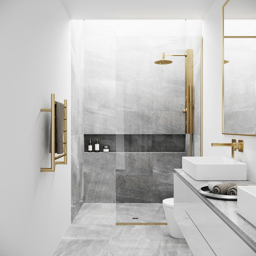 VIGO Zenith Frameless Fixed, Matte Gold, Shower Screen, 34" W X 74" H, Clear Glass