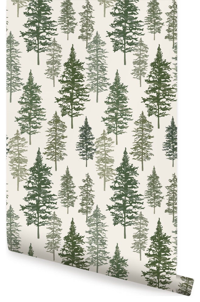 Illustrated Evergreen Forest Peel and Stick Vinyl Wallpaper, Deep Green, 24" X 60"