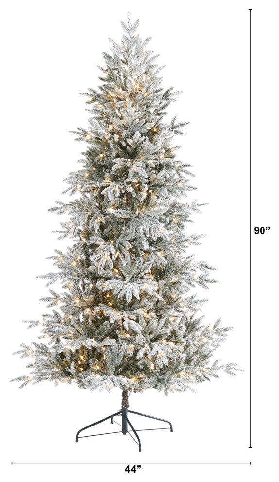 7.5' Flocked Manchester Spruce Faux Xmas Tree W/450 Lights & Bendable Branches