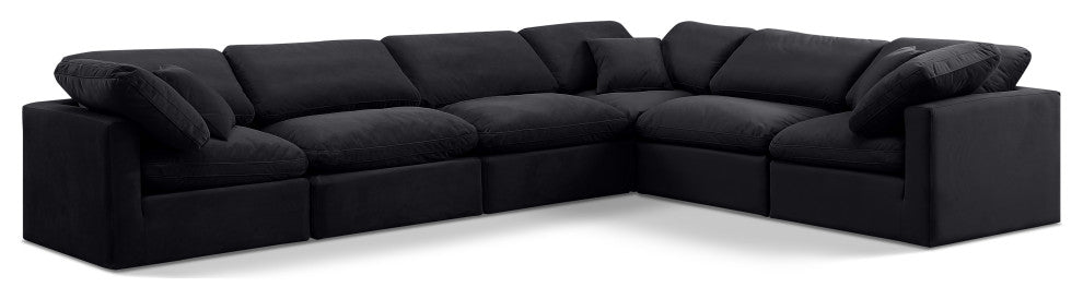 Indulge Upholstered Modular L-Shaped Sectional, Black, 6-Piece: 3 Armless Chair, 3 Corner Chair, Down Stuffed Velvet
