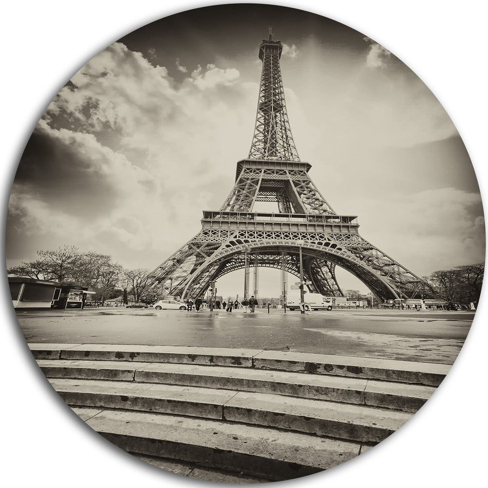 Eiffel Tower In Gray Shade, Landscape Photo Disc Metal Artwork, 11"