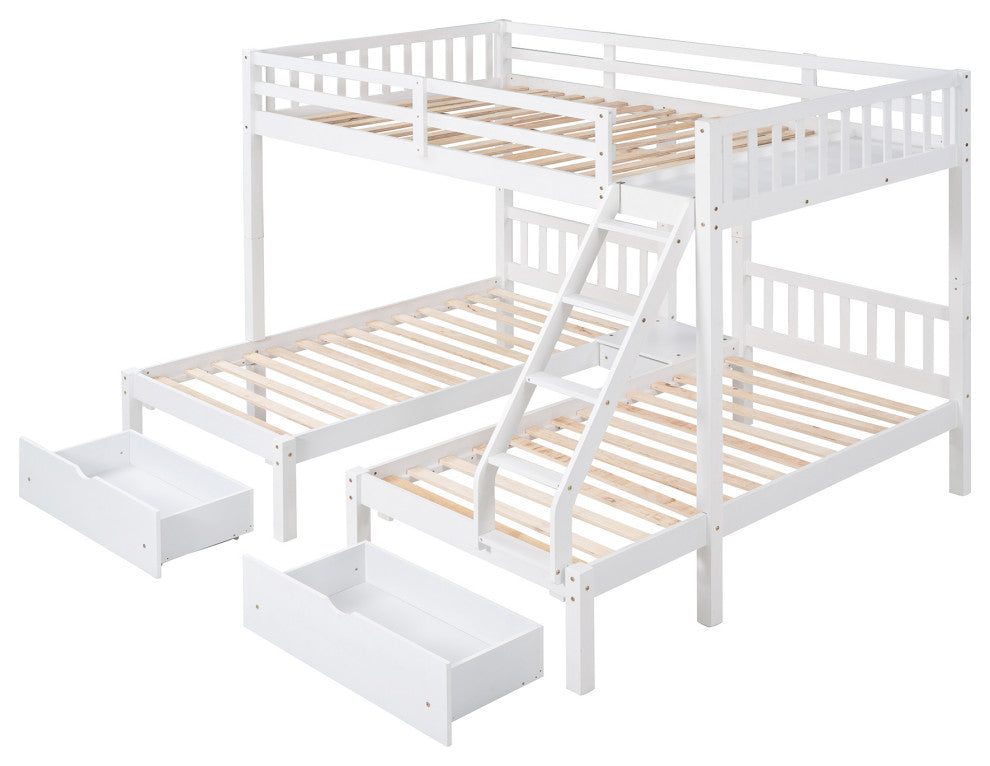 Gewnee Full Over Twin Wood Triple Bunk Bed with Drawers In White