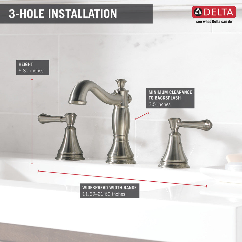 Delta Cassidy Two Handle Widespread Bathroom Faucet, Stainless Steel