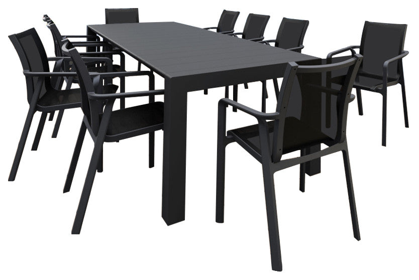 Pacific 11-Piece Dining Set, Table and Arm Chairs, Black Frame/Black Sling