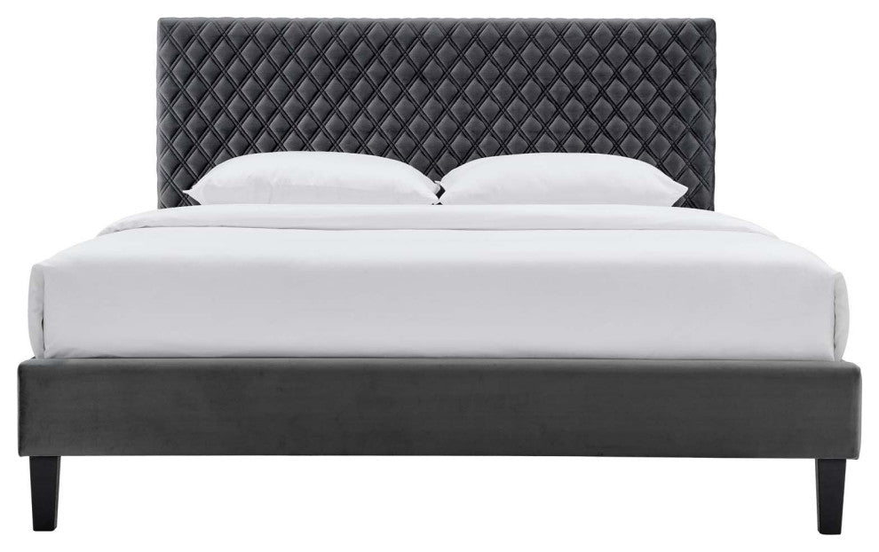Platform Bed Frame, King Size, Charcoal Gray, Velvet, Modern, Guest Suite