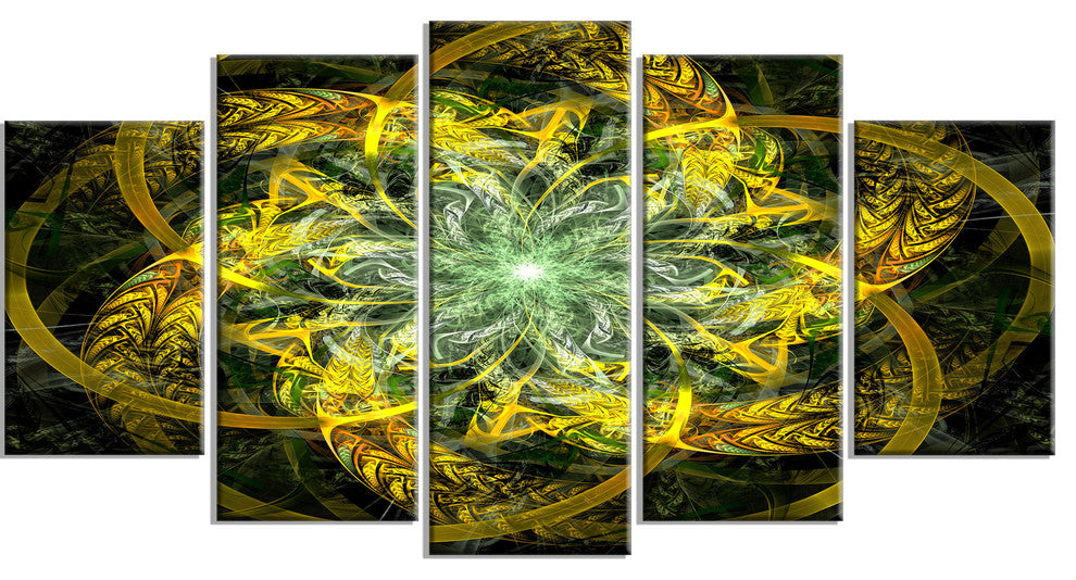 Yellow and Green Fractal Flower, Abstract Canvas Art Print, 60"x32", 5 Panels