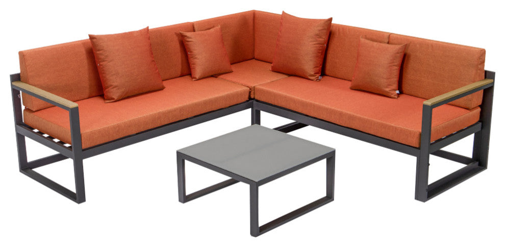 LeisureMod Chelsea Modern Black 3 Piece Outdoor Aluminum Sectional Set for Patio, Orange