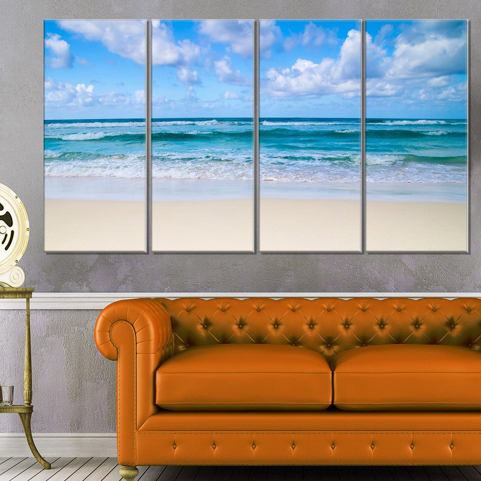 "Serene Blue Tropical Beach" Seashore Canvas Print, 4 Panels, 48"x28"