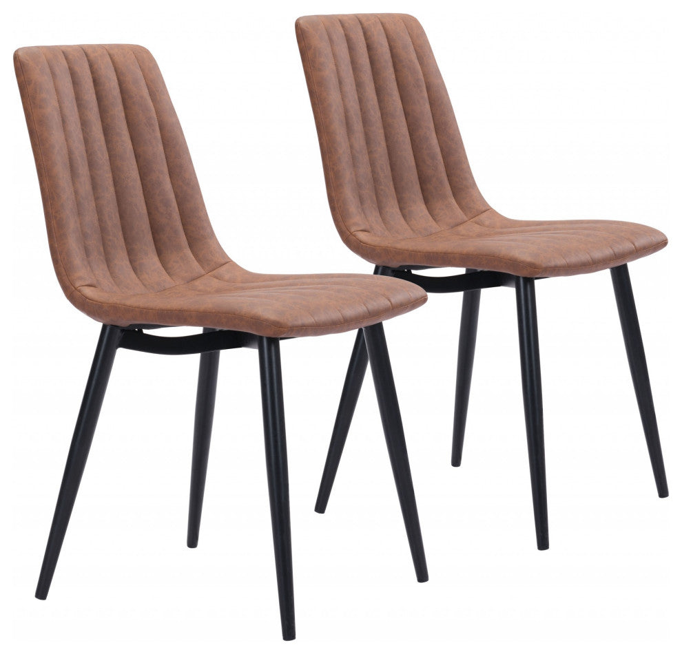 Set of Two Brown Faux Leather Channel Scoop Dining Chairs