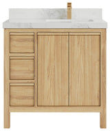 Elizabeth 36 Right Offset Bath Vanity in Light Natural Teak 2" Calacatta Nuvo