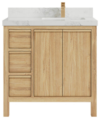 Elizabeth 36 Right Offset Bath Vanity in Light Natural Teak 2" Calacatta Nuvo