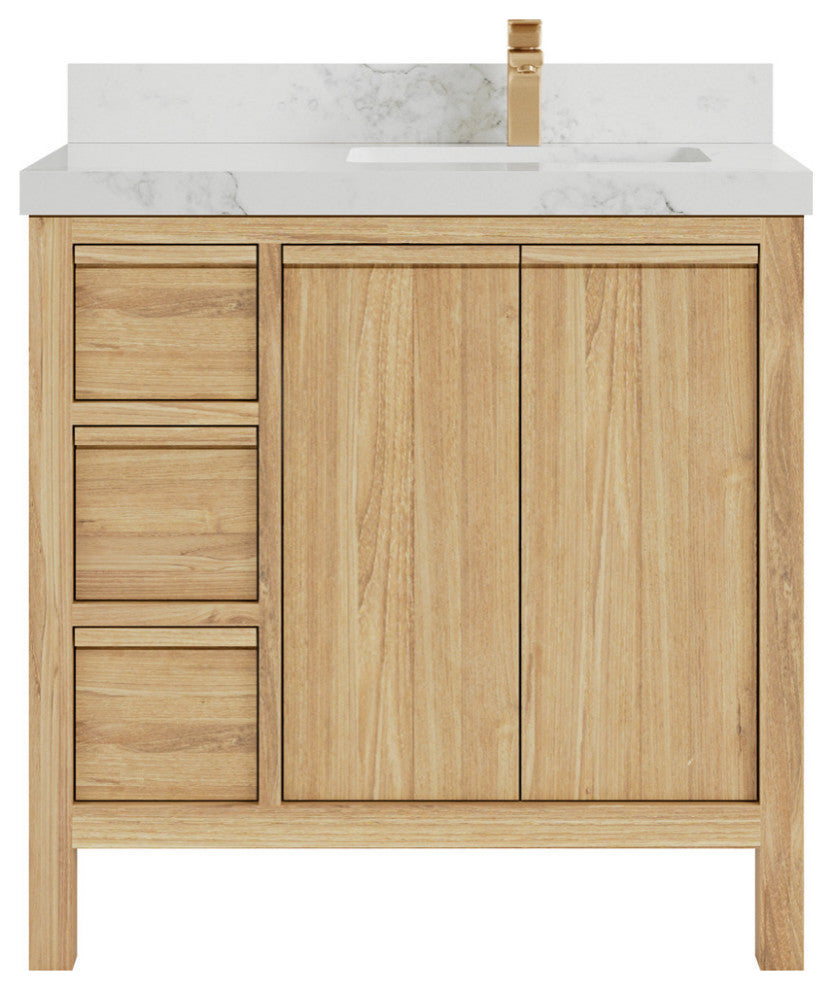 Elizabeth 36 Right Offset Bath Vanity in Light Natural Teak 2" Calacatta Nuvo