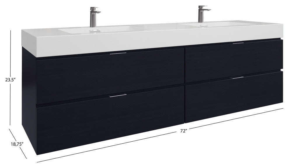 Boutique Bath Vanity, Black, 72", Double Sink, Wall Mount