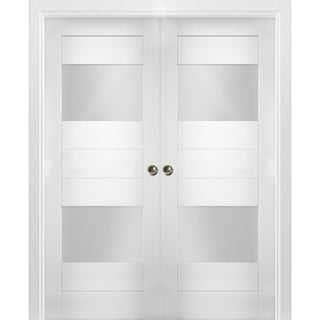 Interior Double Pocket Doors 64x84 in Opaque Glass | Sete 6222 White Silk