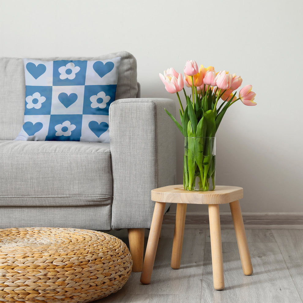 Heart And Flowers Grid Decorative Throw Pillow, Chambray, 20"x20"