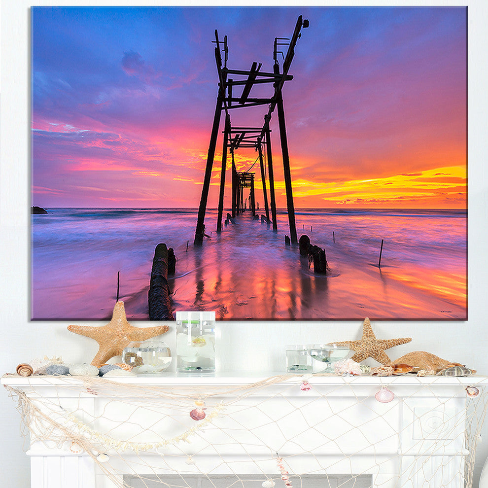 "Discarded Wooden Bridge At Sunset" Sea Pier Wall Art, 40"x30"