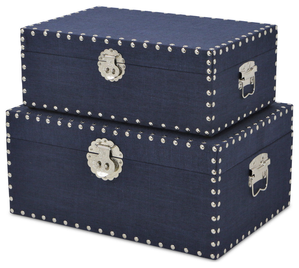Linen Studded Keepsake Boxes, Navy, Set of 2