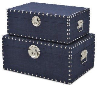 Linen Studded Keepsake Boxes, Navy, Set of 2
