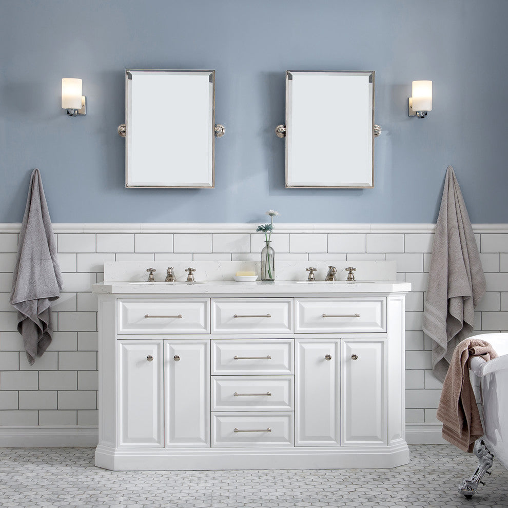 60" Palace Quartz Carrara Pure White Vanity With Polished Nickel Hardware