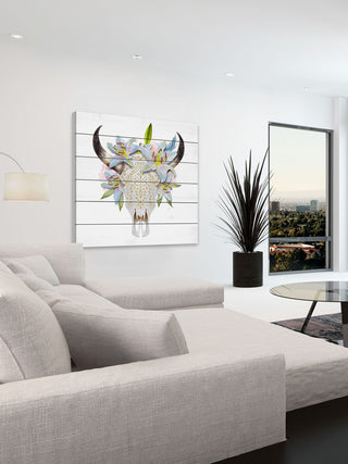 "Floral Crown Skull" Painting Print on White Wood, 18"x18"