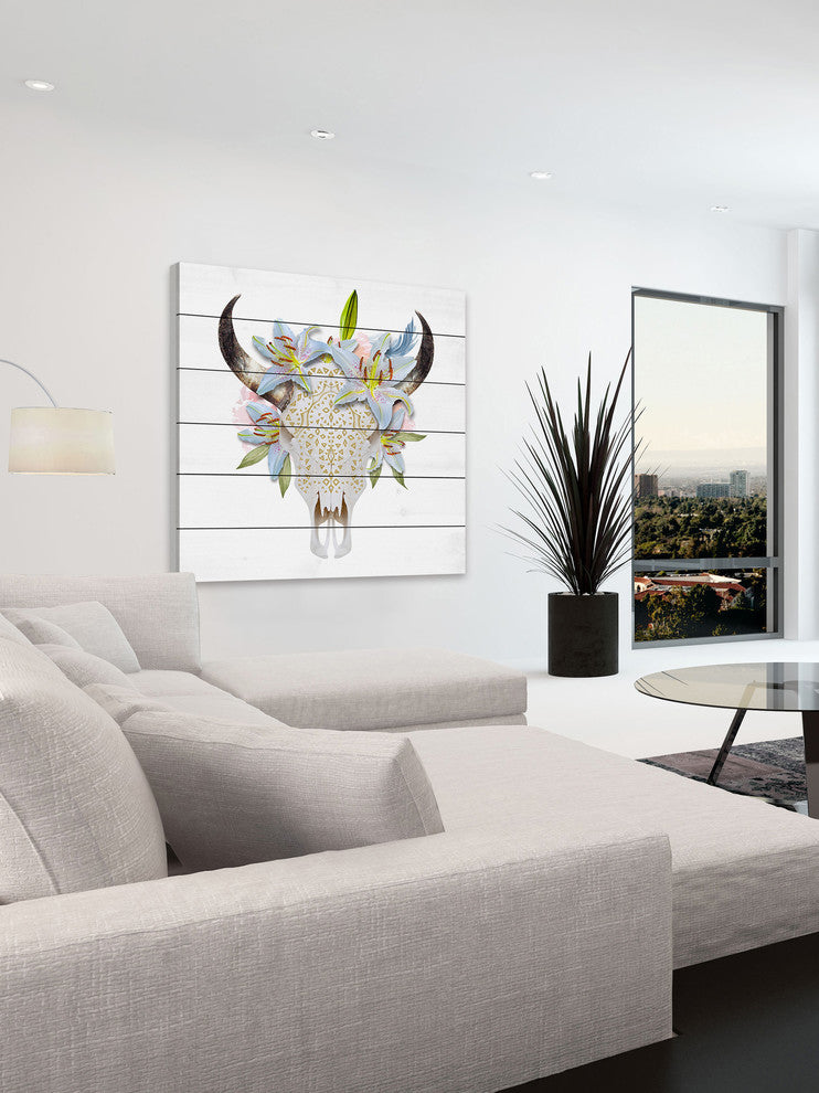 "Floral Crown Skull" Painting Print on White Wood, 18"x18"