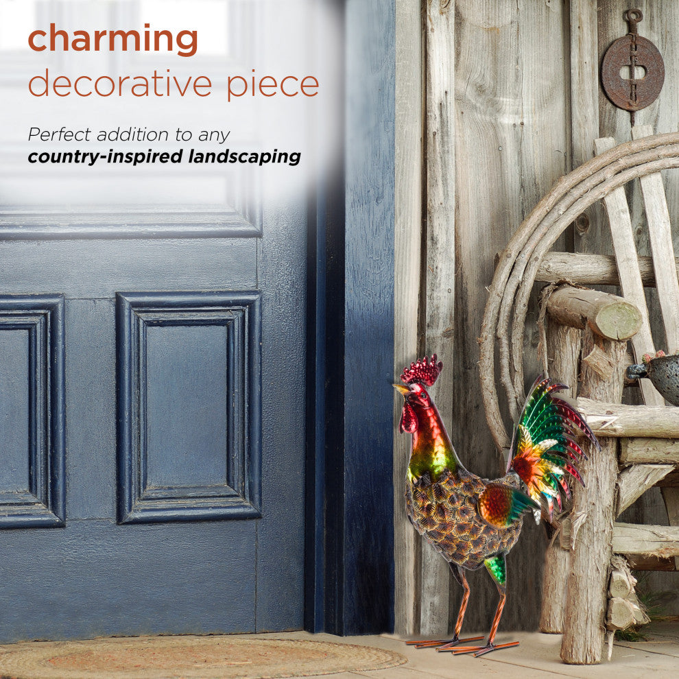 Glossy Metal Rooster Decor with Turquoise Tail