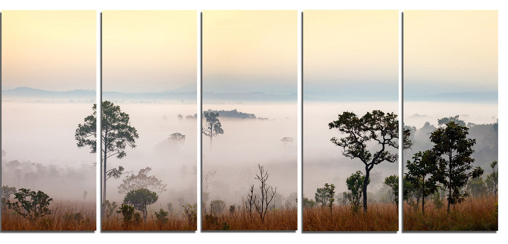 Misty Morning Panorama, Landscape Canvas Art Print, 60"x28", 5 Panels