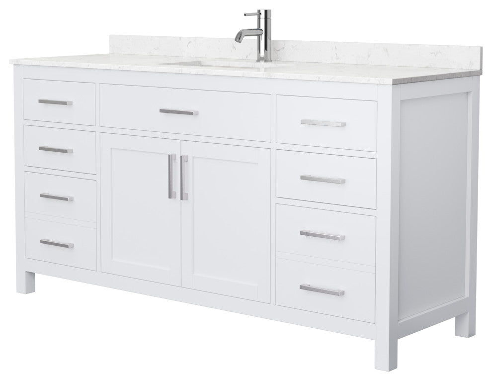 66" Single Bathroom Vanity, White, Carrara Cultured Marble Countertop, Sink