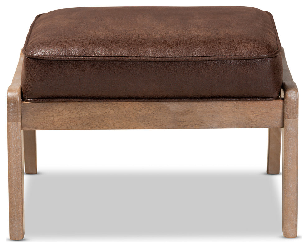 Woodard Dark Brown Faux Leather Effect Upholstered Antique Oak Wood Ottoman