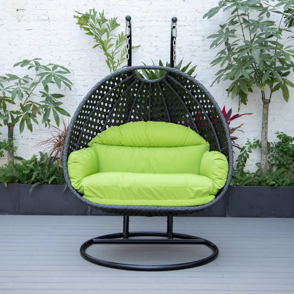 LeisureMod Mendoza Charcoal Wicker Hanging Double Egg Swing Chair, Light Green