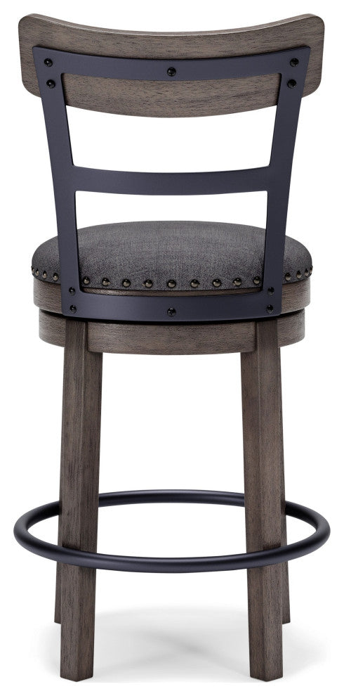 Benzara BM248092 Swivel Barstool With Nailhead Trim and Curved Panel Back, Gray