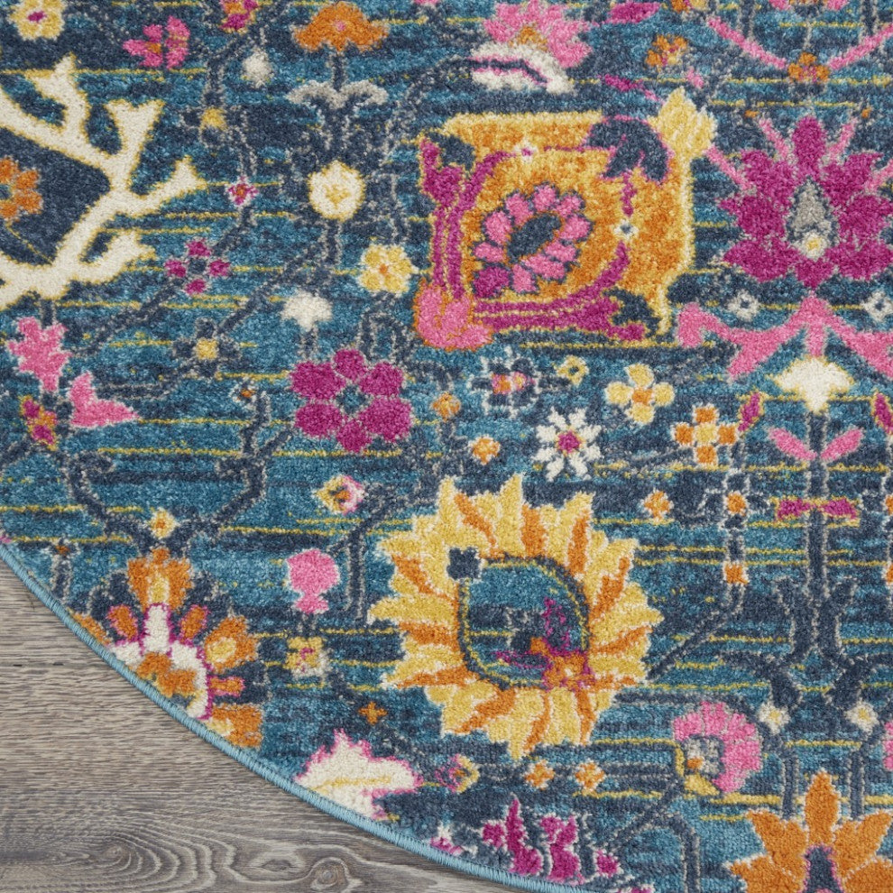 8 Round Denim Blue Florals Distressed Area Rug