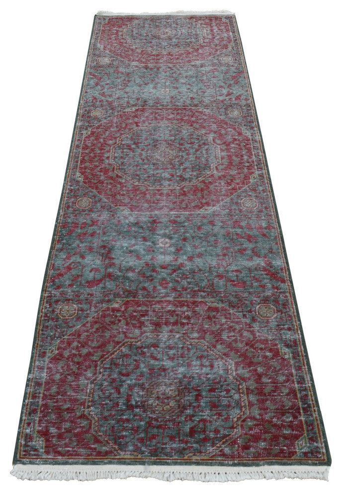 Green, Vintage Look Mamluk, Worn Wool Hand Knotted Runner Rug, 2'6"x9'10"