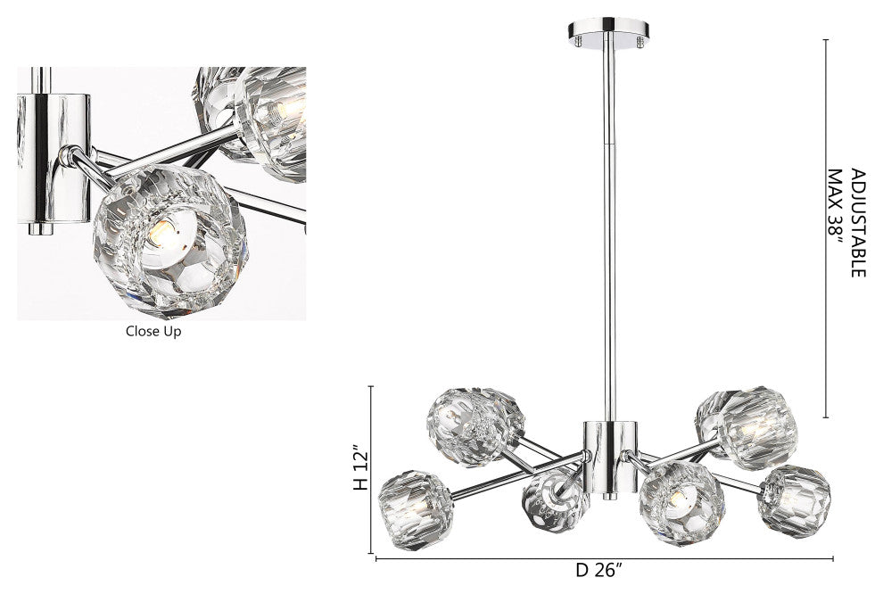 8-Light Chrome Iron Chandelier With Crystal Shades