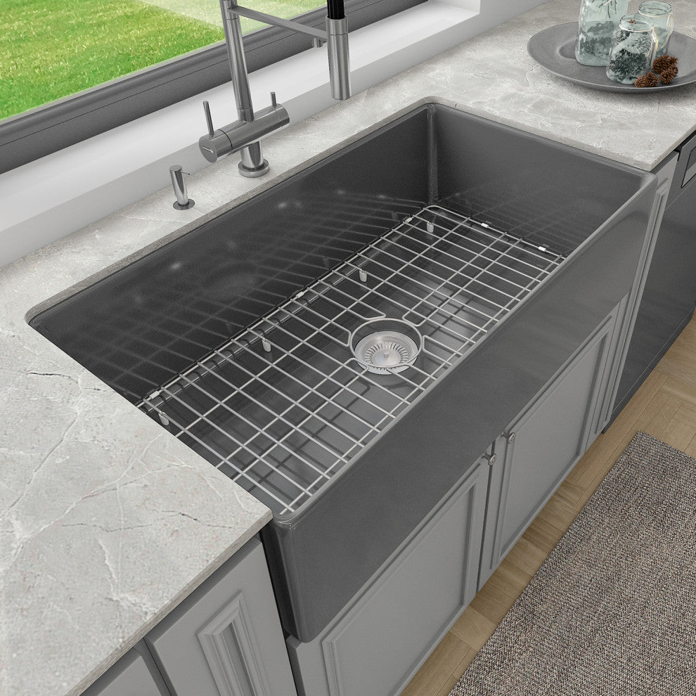 Sinber Farmhouse Apron Single Bowl Kitchen Sink with Fireclay 2 Accessories, Black, 36" X 20"
