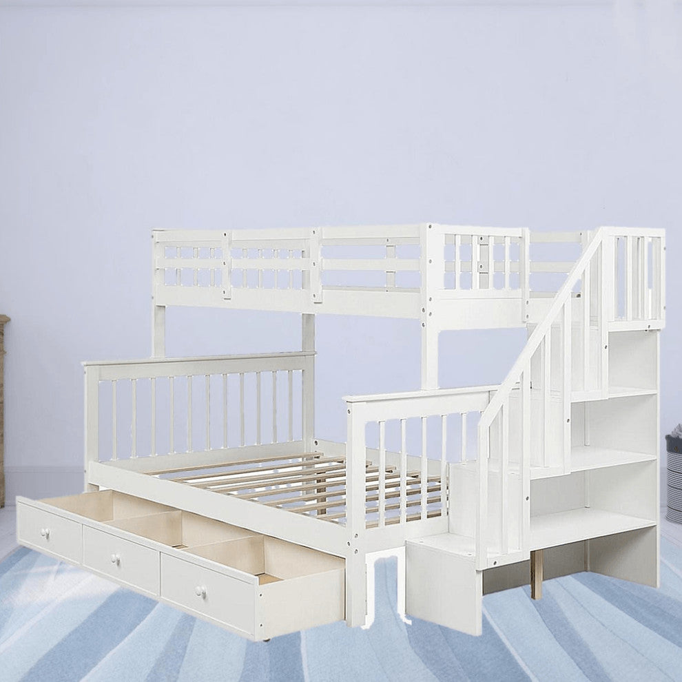 White Twin Over Full Contemporary Bunk Bed With Stairs And Shelves