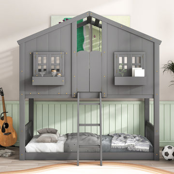 Twin over Twin Low Height Wood House Bunk Bed with Roof and Ladder, Grey