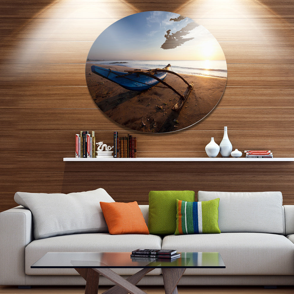 Fishing Boat In Sri Lanka Beach, Seashore Large Disc Metal Artwork, 11"