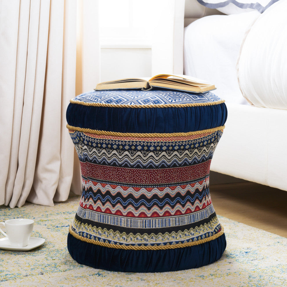 Leona 18" Decorative Vanity Stool Ottoman, Blue Velvet Multicolored Pattern