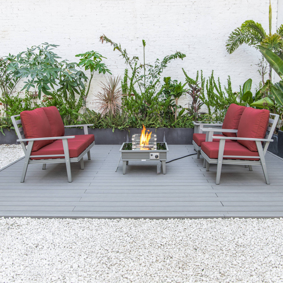 LeisureMod Walbrooke Gray Patio Conversation Set With Fire Pit, Red