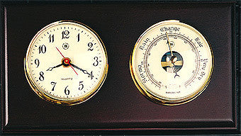 Quartz Clock and Barometer on Mahogany Wood With Brass Bezel